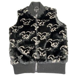 Powder River Outfitters Faux Fur Western Vest Women XL Black Mustang Horse Print